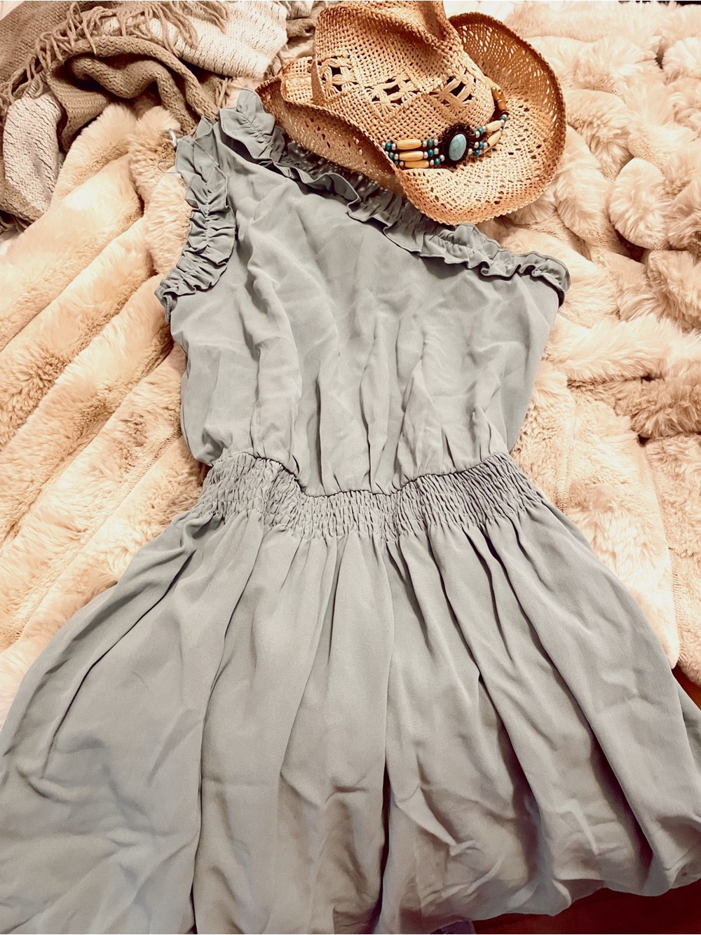 entro One-Shoulder Ruffle Waist Dress in Sage